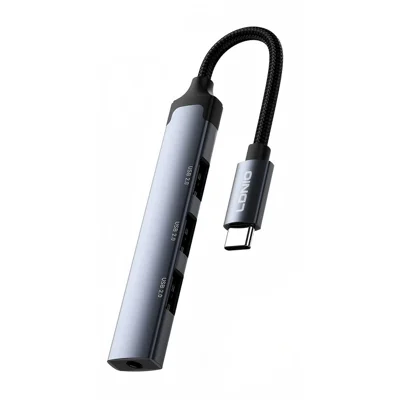 LDNIO DS-104C USB-C-Hub-Adapter 3 USB 2.0-Anschlüsse + 3,5-mm-Audio-Anschluss 4-in-1-Erweiterungsdock für Laptop Tablet – Grau
