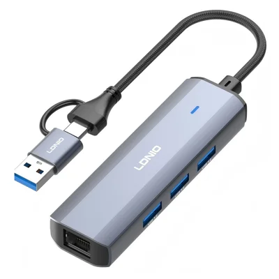 LDNIO DS-124UC USB-A + Type-C to 3-Port USB 3.0 RJ45 Gigabit Ethernet Splitter Hub for Laptop PC - Grey
