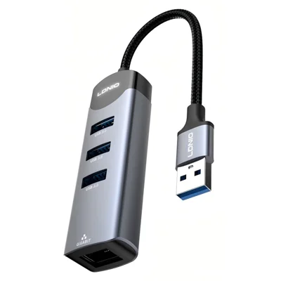 LDNIO DS-144U USB-A to 3x USB3.0 Ports RJ45 Gigabit Ethernet Hub Adapter for Laptop PC - Grey
