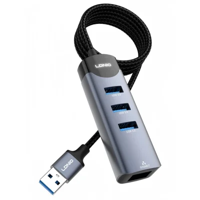 LDNIO DS-144U USB-A to 3-Port USB3.0 RJ45 Gigabit Ethernet Adapter Hub with 1.2m Cable - Grey