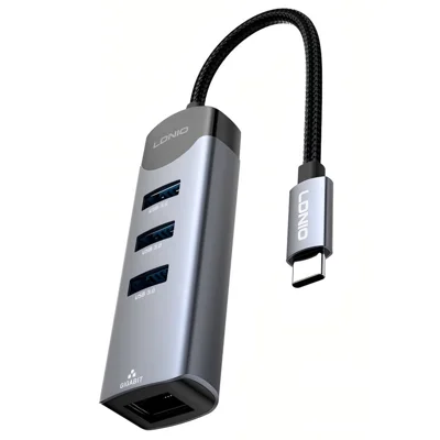 LDNIO DS-144C 4 in 1 USB-C Hub 3 USB3.0 Ports + RJ45 Gigabit Ethernet Adapter for Laptop - Grey