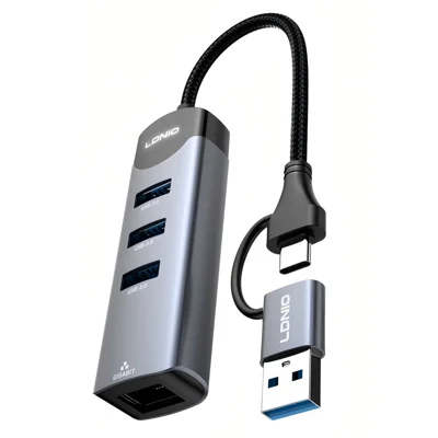 LDNIO DS-144UC USB-C + USB-A to 3-Port USB3.0 Splitter Hub RJ45 Gigabit Ethernet Adapter - Grey