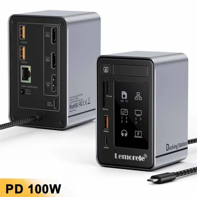 LEMORELE 12 i 1 Type-C dockingstation med tre 4K-skærme, 10 Gbps, 100 W PD, RJ45, SD, TF kortlæser til bærbare pc'er - Grå