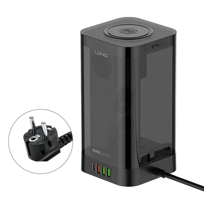 LDNIO SEW4485 USB+Type-C Multi-port Vertical Desktop Charging Station Wireless Charging Power Strip with 4 EU Standard Power Sockets - Black