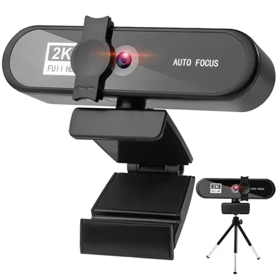 Cámara web para computadora 2K Full HD con enfoque automático, con micrófono integrado para transmisión en vivo y videoconferencia - Negro