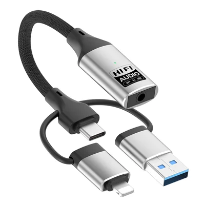 3 in 1 iP/USB/Type-C to 3.5mm Jack Adapter HiFi External Sound Card Plug and Play - Silver