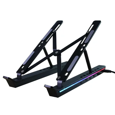 Supporto per Laptop Regolabile in 6 Altezze con Hub USB in Lega di Alluminio con Retroilluminazione RGB, Supporto Pieghevole - Nero