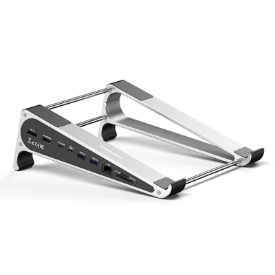 BLUEENDLESS ST809 8 in 1 Laptop Stand Type-C Hub with DP 1.2 + RJ45 + 4K 60Hz HD + PD 100W + 2 USB 3.0 + TF Card Reader - Silver Grey