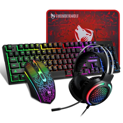 T-WOLF TF400 USB Wired RGB Rainbow Backlit Gaming Keyboard + Mouse + Gaming Headset + Mouse Pad Combo LED Backlit Wired Gamer Bundle for Gaming/Working