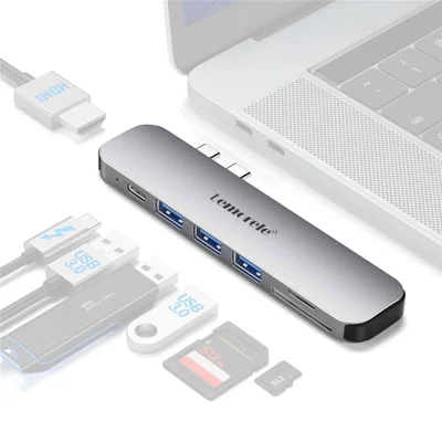 LEMORELE TC52 7 in 1 USB-C Hub PD 100W Charging 4K / 60Hz HD Docking Station for MacBook SD / TF Card Reader - Silver Grey