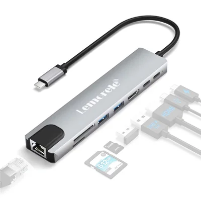 LEMORELE TC19L 8 in 1 USB-C Hub PD 65W Charging 4K HD Gigabit Ethernet Expansion Dock SD / TF Card Reader - Silver Grey