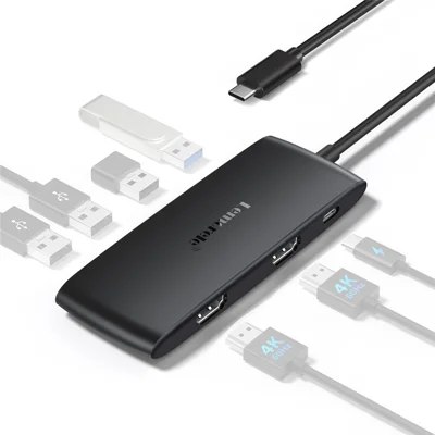 LEMORELE TC510 USB-C 7 i 1 Hub, dobbelt HD 4K 60 Hz, opladning med PD 100 W, dockingstation til laptop - Sort