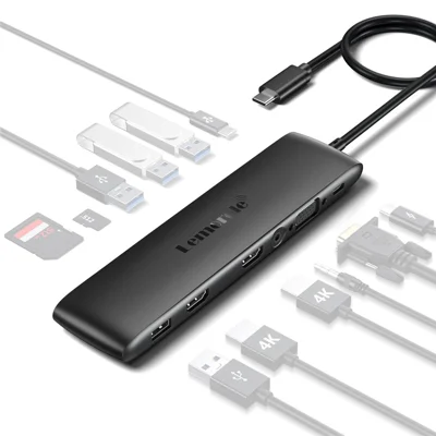 LEMORELE TC97 12 in 1 USB C Hub Dual HD + VGA 10Gbps High Speed USB Card Reader Laptop Docking Station - Silver Grey
