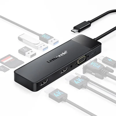 LEMORELE TC94 10-i-1 USB-C Hub Type-C til Dual HDMI+VGA+USB 3.0x2+USB 2.0+3,5 mm Audio+Type-C PD 100W Hurtig Opladning SD TF Kortlæser Konverter til Laptop - Sort