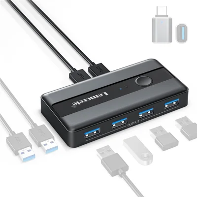 LEMORELE H5 USB 3.0 Switch Hub 5Gbps 2 Input 4 Output Dual-Host Sharing Switcher for Office - Black