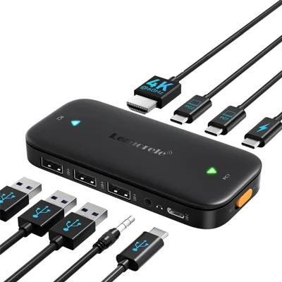 LEMORELE H200 Dual-Port USB-C KVM-switch 4K 60Hz HD-skærm Hurtig opladning med ét klik Del tastatur mus skærm Dock-station - Sort