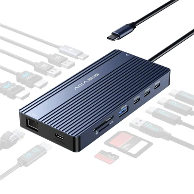 ACASIS DS-0203 Station d'accueil USB-C 14 en 1, prise en charge de 3 écrans, hub HD 4K / 60 Hz avec lecteur de carte PD 100 W, Ethernet, SD / TF