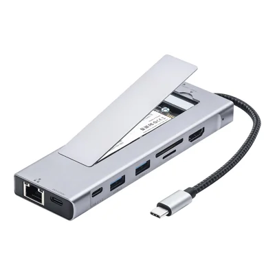 2529 9 in 1 USB 3.2 Hub M.2 NVMe SSD Enclosure Type-C Docking Station Ethernet HD 4K 60Hz PD 100W - Grey