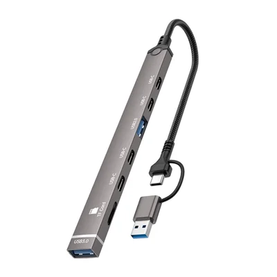 7-Port USB-A + USB-C to USB 3.0 Hub TF Card Reader Aluminum Alloy Plug and Play Adapter for Laptop PC Smartphone