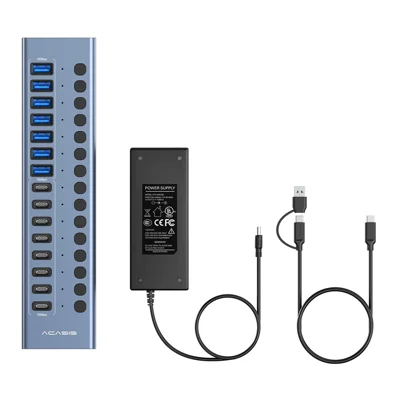 ACASIS HB16Pro 16-Port USB 3.2 Hub, 8 USB-A + 8 USB-C, 10Gbps, 96W 12V / 8A Adapter, 1.2m Cable, Individual Switches - US Plug