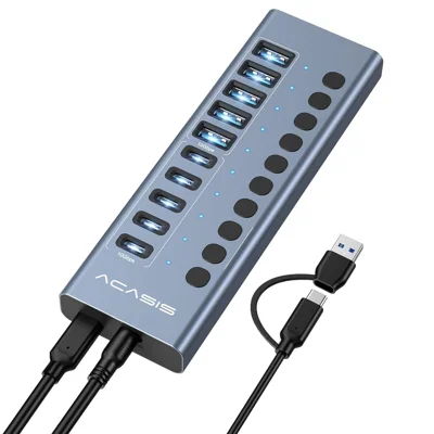 ACASIS HB10PRO 10-Port USB 3.2 Hub, 5 USB-A + 5 USB-C, 10Gbps, 48W 12V / 4A Power Adapter, Individual Switches, Aluminum Casing - US Plug