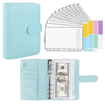 6 Rings A6 PU Leather Binder Bill Card Money Organizer Magnetic Clasp Binder Cover Notebook with 12 PVC Pockets and 2 Label Stickers - Sky Blue