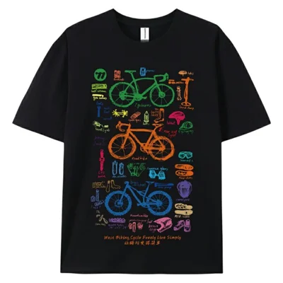 WEST BIKING YP0206180 Bicycle Print T Shirt Round Neck Short Sleeve Cotton Summer Outdoor Sports Tee - Black / S