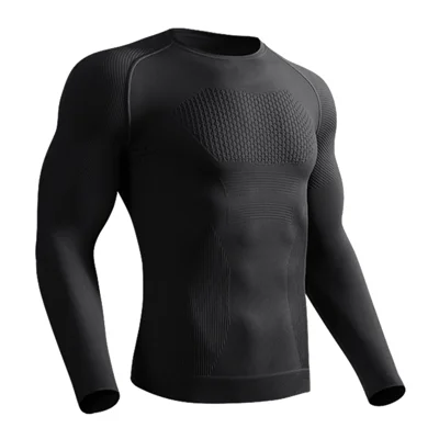 JS07 Men Seamless Athletic Long Sleeve Compression Shirt Moisture Wicking Quick Dry Training Top for Running Cycling - Black/M