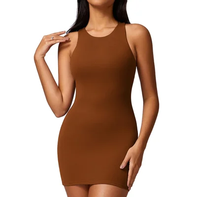 8713 Sleeveless Tank Dress Crew Neck Slim Sexy Short Bodycon Party Skirt - Brown / M