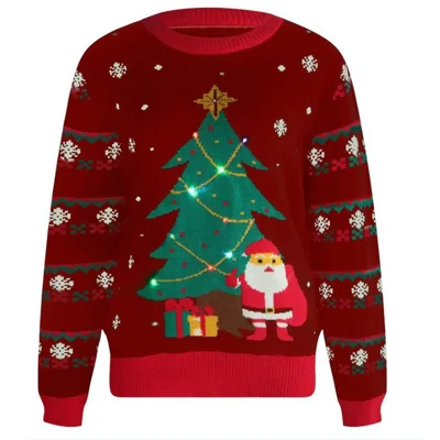 Size M Christmas Tree Pattern Round Neck Knitted Sweater LED Light Up Holiday Pullover for Autumn Winter - Red / with LED