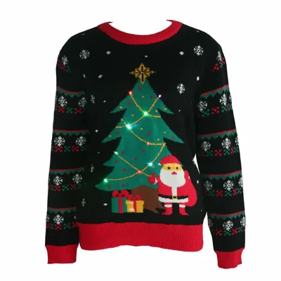 Size XXL Christmas Tree Pattern Round Neck Knitted Sweater LED Light Up Holiday Pullover for Autumn Winter - Black / with LED