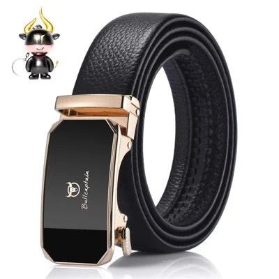 BULLCAPTAIN PD0007 125cm First Layer Cowhide Leather Men Belt Automatic Buckle Waist Belt with Keychain - Gold