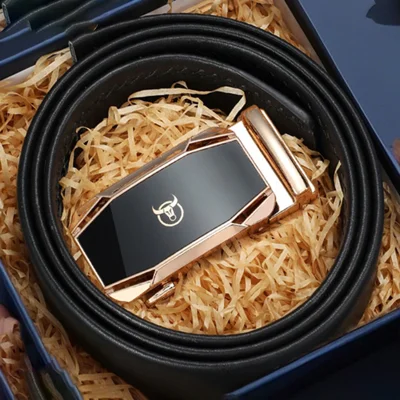 BULLCAPTAIN 0004 120cm Men Top Layer Cowhide Leather Belt Automatic Buckle Waistband with Keychain - Gold