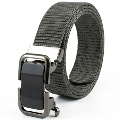 125cm Woven Nylon Waistband for Men Casual Zinc Alloy Automatic Buckle Waist Belt, 3.5cm Width - Dark Grey+Black Buckle