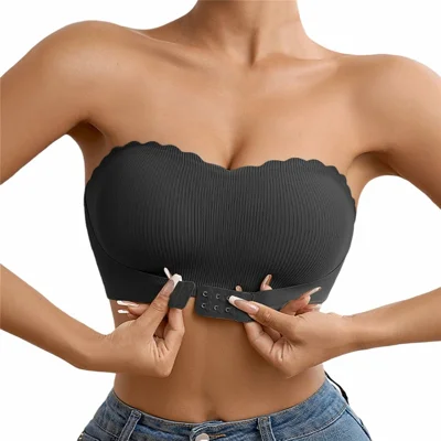 Size M For Women Strapless Bra Front Closure Push Up Bralette Anti Slip Invisible Seamless Underwear - Black