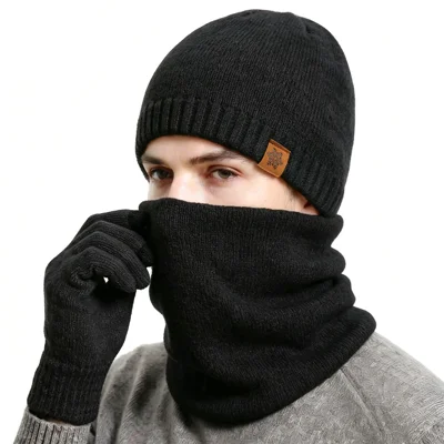 3 pezzi/set di accessori invernali con berretto, sciarpa e guanti touchscreen foderati in pile per esterni da uomo - Nero