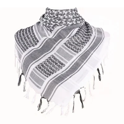 Hombre Militar Shemagh Bufanda de Cuello de Algodón Árabe Envoltura de Cabeza con Borlas Pañuelo Cuadrado Exterior - Negro+Blanco
