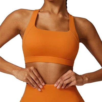 8047 Cross Back Design Women Shockproof Sports Bra Slim Fit Running Fitness Yoga Tank Vest - Orange S