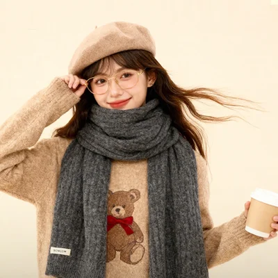 DWJ61 180cm x 30cm Korean Style Winter Warm Scarf for Women Solid Color Knitted Neck Warmer - Dark Gray