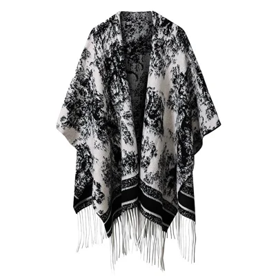 DWJ60 Xaleco Capa com Estampa Étnica de Pintura a Tinta, Lenço Multifuncional para Mulher com Borlas para Outono Inverno - Preto Tinta