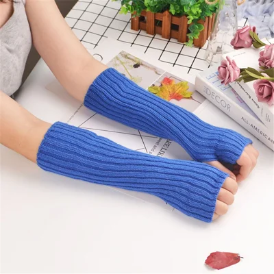 XT-0016 1 Paire 30cm Gants sans doigts d'hiver Longs Mitaines Thermiques Tricotées Élastiques - Bleu