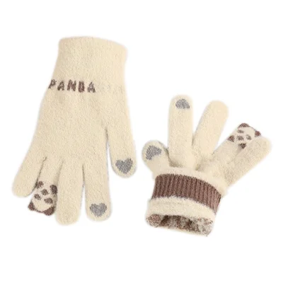 1 par de guantes con diseño de panda lindo de dedo completo para estudiante, cálidos en invierno - Beige