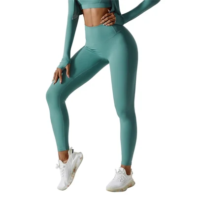 8047 Tummy Control Yoga Tights Pants High Waisted Workout Fitness Quick-Dry Leggings - Green / M