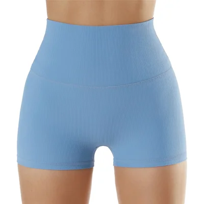 BDK6256 Running High Waisted Shorts Workout Tummy Control Yoga Short Pants - Blue / S