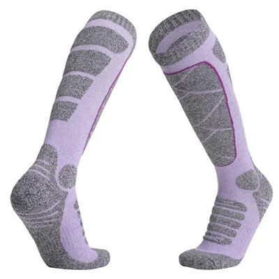 M Size 35-39 Winter Long Socks Moisture-Wicking Warm Cotton Thick Cushioned Hiking Socks for Skiing Sports - Purple