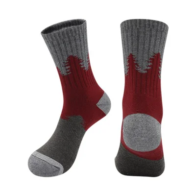 PORFIN Hiking Wool Socks Antibacterial Cushioned Towel Bottom Athletic Socks for Outdoor Trekking Mountain Climbing - Red / Gray
