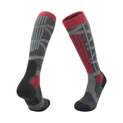 Calcetines Profesionales PORFIN para Esquí, Calcetines de Tubo Largo, con Parte Inferior de Toalla y Absorción de Impactos para Deportes al Aire Libre en Invierno - Gris Oscuro / Rojo Oscuro