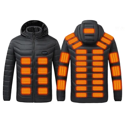 37-Zone 4-Control Heated Jacket Polyester + Down Cotton Windproof Water-Repellent USB 5V Powered Coat for Hiking (without Power Bank) - Black/S