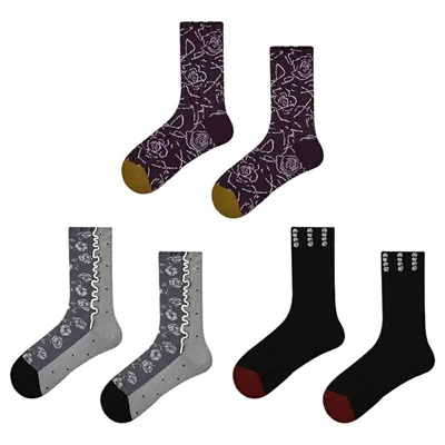 3 Pairs Floral Pattern Women Mid Calf Socks Set Seamless Stitching Breathable Cotton Socks, One Size