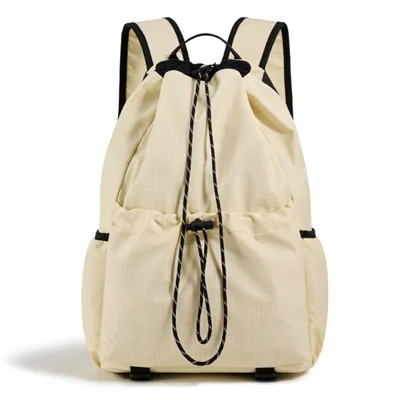 CL&9774 20-35L Plaid Drawstring Backpack High Density Nylon Water-Repellent for Travel - Beige
